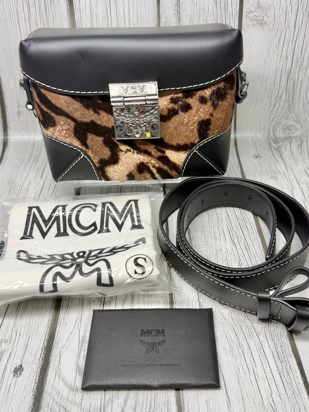 PRE LOVED MCM Logo Leopard Pony Hair Belt Bag Crossbody Bag & Belt